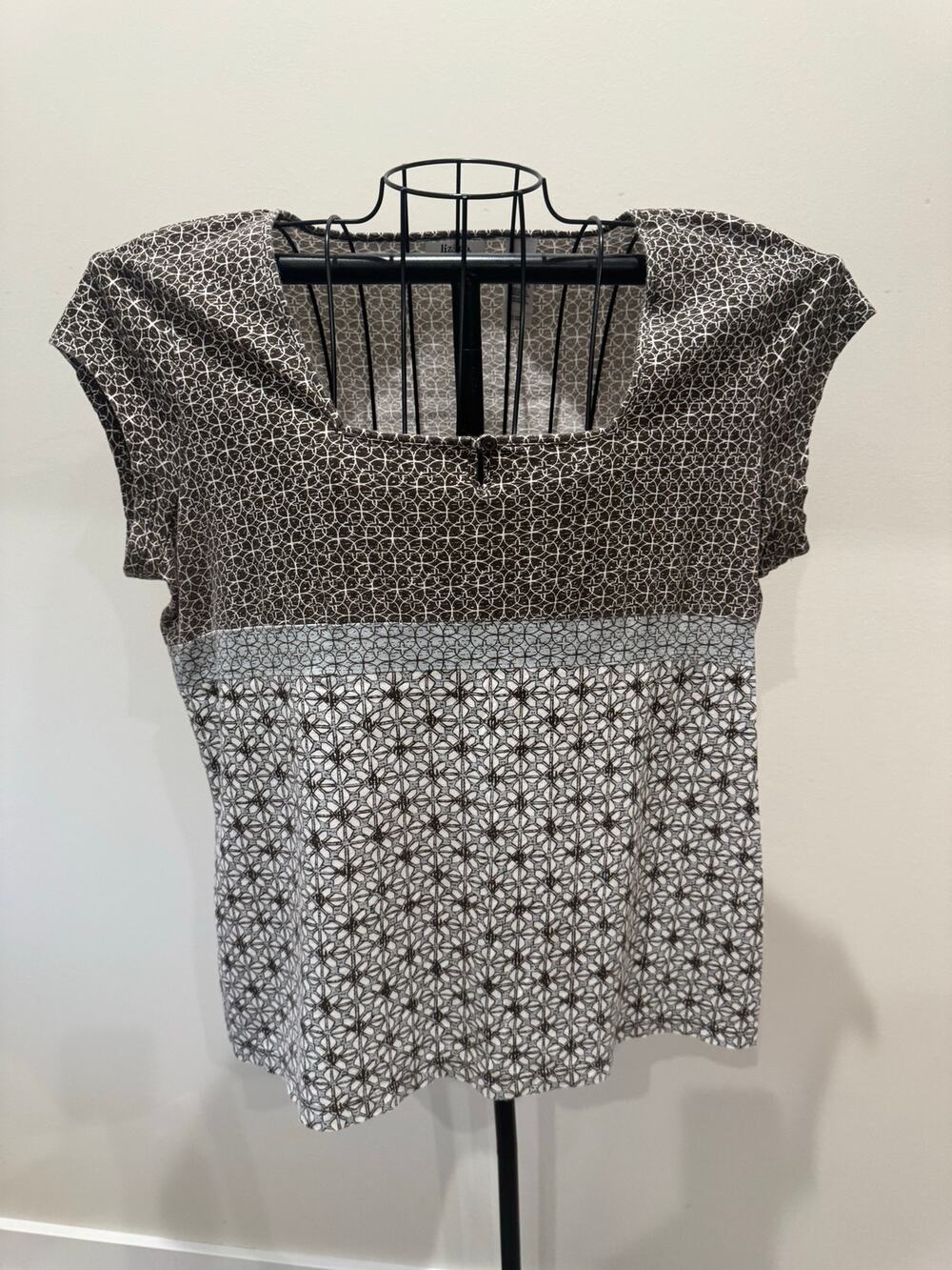 Liz & Co Brown Cream Geometric Print Cotton Babydoll Top Women’s XL